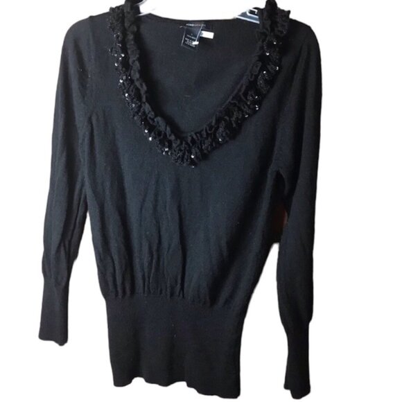 Bcbgmaxazria NEW Ruffle Sequins Scoop Neck 100% Wool Sweater Top Soft Crochet L - Picture 1 of 15